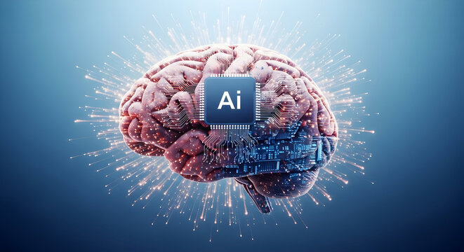 Artificial intelligence concept featuring a human brain with a central processing unit showcasing the integration of technology and neuroscience for advanced cognitive functions and machine learning a - Powered by Adobe
