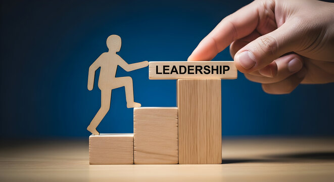 Wooden figure climbing steps toward leadership supported by a hand symbolizing career growth success and guidance in business and personal development on a blue background