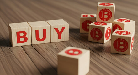 Wooden blocks spelling "buy" next to bitcoin symbol blocks on a wood surface suggesting investment in cryptocurrency and financial opportunities in the digital currency market today