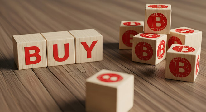 Wooden blocks spelling "buy" next to bitcoin symbol blocks on a wood surface suggesting investment in cryptocurrency and financial opportunities in the digital currency market today