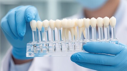 Healthcare professional compares prosthetic tooth shades using a shade guide