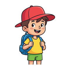 Cartoon illustration of a boy with a backpack and red cap.