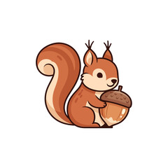 A cute cartoon squirrel holding an acorn with a bushy tail and black outlines.