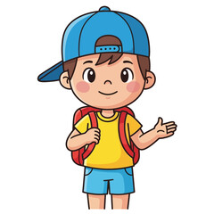 Cartoon illustration of a boy with a backpack and a blue cap.