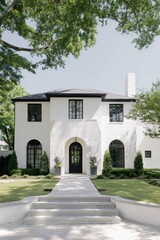 Fototapeta premium An elegant white house, beautifully surrounded by lush greenery, features modern architectural elements with expansive windows and a charming entrance that invites you in