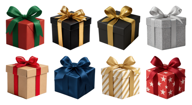 PNG Colorful festive gift boxes, element set on transparent background - Powered by Adobe