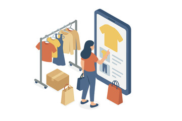 Female customer browsing fashion clothes on mobile phone next to a garment rack