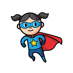 Cartoon superhero girl with red cape and blue mask flying in the air.
