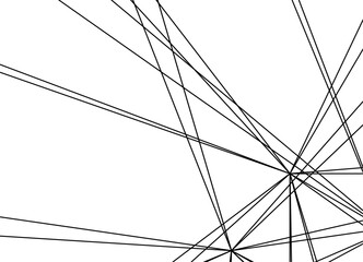 Obraz premium Vector pattern of thin black broken lines on a white background. Design element for covers, advertising, packaging. Striped vector background. Intertwined threads, rays, cobwebs. Abstract network