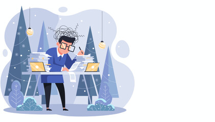 Stressed businessman overwhelmed by paperwork and deadlines during the busy winter holiday season