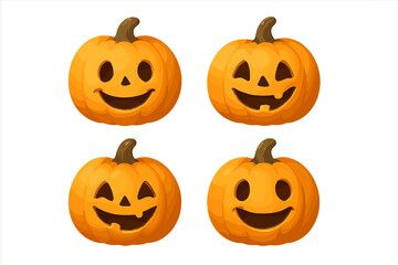 Four smiling Halloween jack-o-lanterns with various carved faces on white