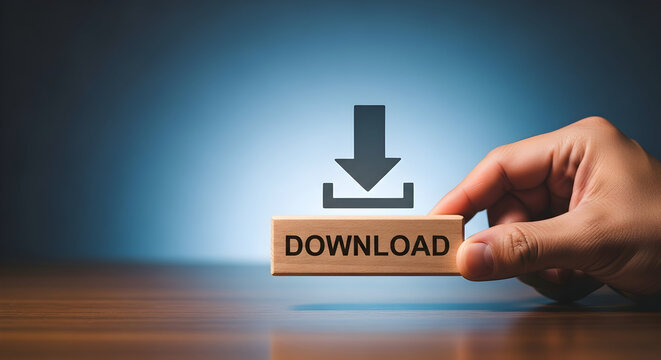Hand holding a wooden block with a download icon and the word "download" against a blurred blue background symbolizing digital access and file transfer for online content and software
