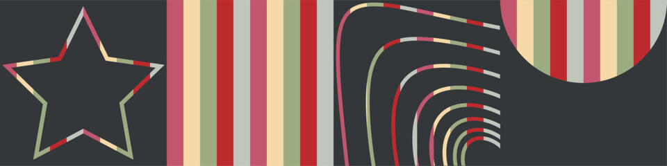 A set of geometric striped backgrounds in a retro style consisting of colored stripes, a star outline, and a semicircle on a dark background