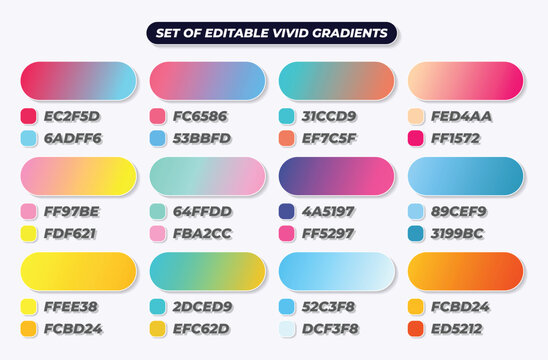Set of editable vivid gradient color palette swatches with hexadecimal code