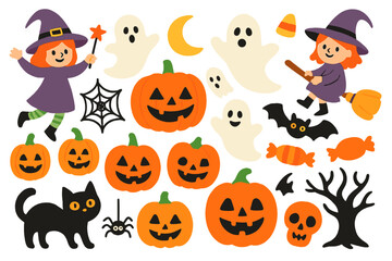 Festive collection of classic Halloween symbols like smiling jack-o-lanterns, playful ghosts, and cartoon witches
