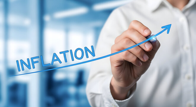 Rising inflation concept with a hand drawing an upward trend line symbolizing economic challenges and financial instability in a modern business environment highlighting market volatility and concerns