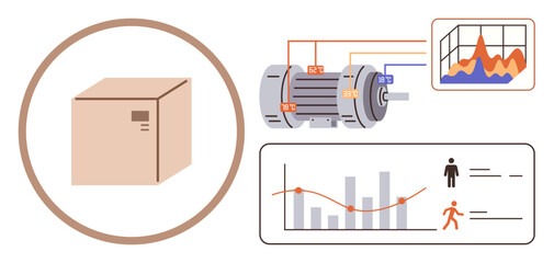 Cardboard box, industrial motor with schematic diagrams, graphs, human motion tracking. Ideal for logistics, industry, automation, analysis, optimization supply chain predictive maintenance