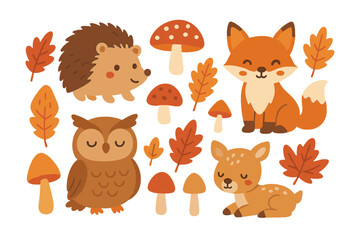 Charming set of cute autumn forest animals including a fox, hedgehog, owl, and deer surrounded by fall foliage