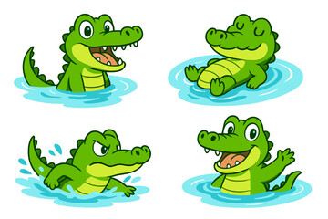 Fototapeta premium Cute cartoon crocodiles swimming and relaxing in water displaying various emotions