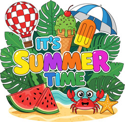 Cheerful summer time illustration featuring a hot air balloon, ice cream, popsicle, umbrella, watermelon, crab, starfish, and tropical leaves isolated on