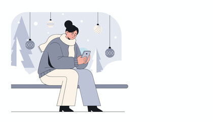 Sad woman checking phone during winter holidays dealing with isolation or stress