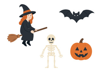 Cute Halloween character set with flying witch, spooky bat, smiling skeleton, and carved pumpkin