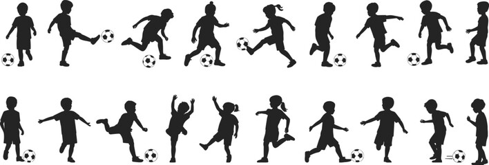 PrintA diverse collection of children playing soccer silhouettes, engaged in various dynamic kicking, running, and jumping actions, illustrating youth sports and active healthy lifestyle.
