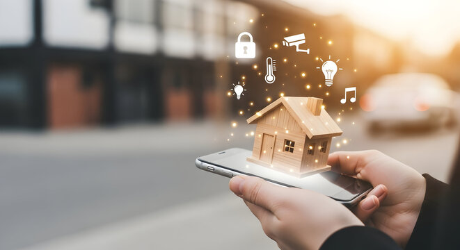 Smart home automation concept showcasing a wooden house model on a smartphone with glowing icons representing security temperature control lighting and entertainment features for modern living