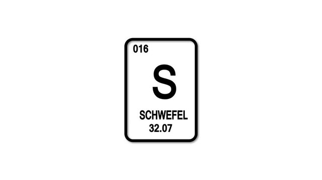 Schwefel s  Element 16 of the Periodic Table. Design shows name, atomic weight and element number. white background.	