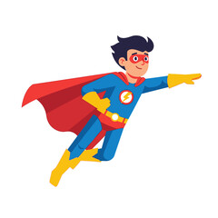 Cartoon superhero boy flying with cape and mask, ready to save the day.