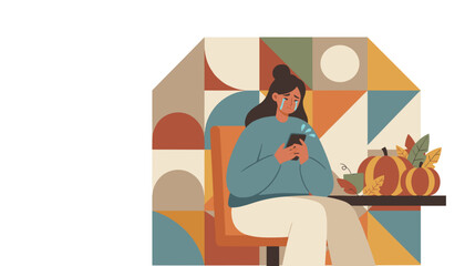Upset woman crying and using smartphone indoors during autumn Digital sadness bad news or anxiety