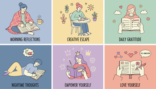 Six illustrations of people journaling for reflection gratitude empowerment and selfcare and wellness