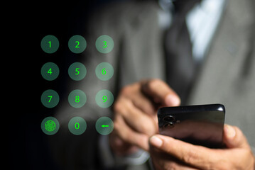 Passcode lock interface for screen login on smartphone with hand entering password and fingerprint icon, security of cyber technologies control or allow access to information, systems, and privacy.