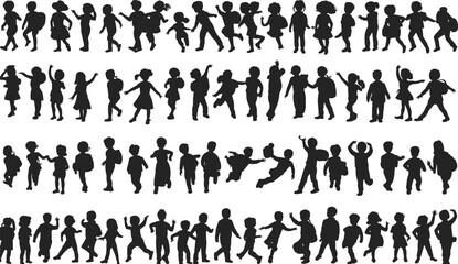 PrintA massive diverse collection of children silhouettes running, jumping, playing, and walking in various dynamic poses, representing childhood, school, and active lifestyle.
