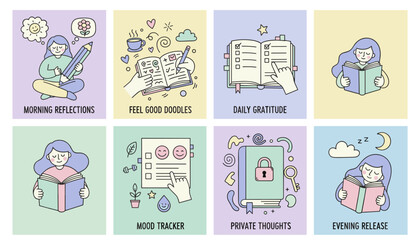 Daily journaling and selfcare routine set reflection gratitude mood tracking and reading illustrations
