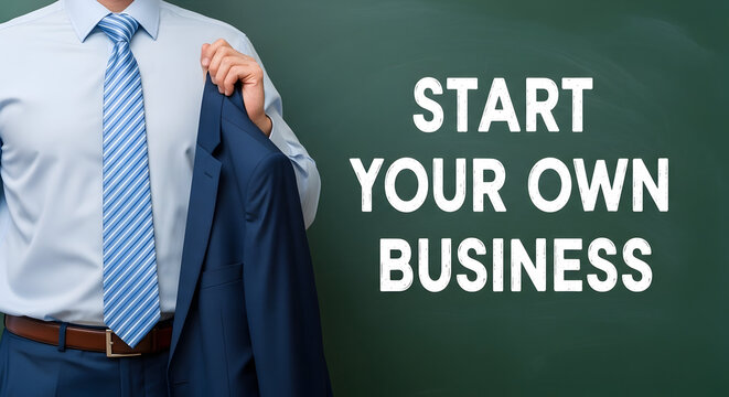 Businessman holding a suit jacket in front of a chalkboard with the words "Start Your Own Business" promoting entrepreneurship and new ventures in a professional and motivational setting