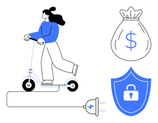 Woman riding e-scooter, electric plug, money bag, and shield with lock. Ideal for eco-transport, savings, finance, technology energy mobility safety. Modern simple flat metaphor
