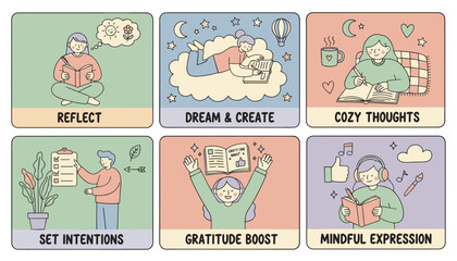 Six selfcare illustrations reflection gratitude dreaming intentions and mindful journaling for wellness
