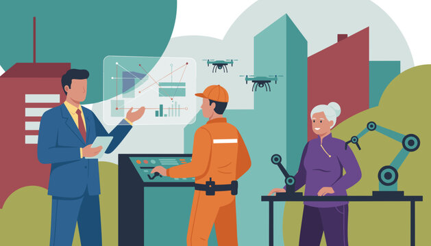 Future tech collaboration manager technician and senior citizen interacting with robotics and drones