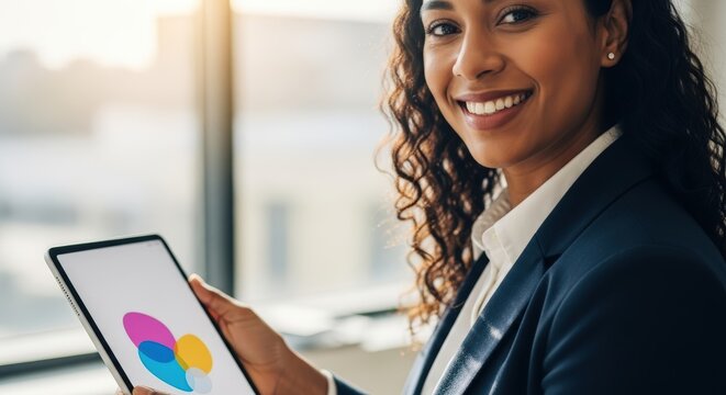 Smiling Woman in Suit Holding Tablet with Financial Chart and Data Analysis Concepts