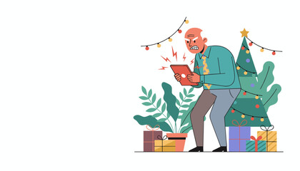 Frustrated senior man struggles with technology during Christmas holidays