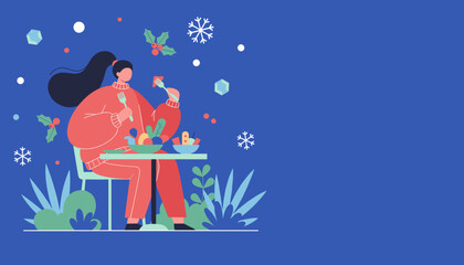 A woman enjoys a healthy meal in a cozy winter setting decorated with snowflakes and holly Holiday wellness