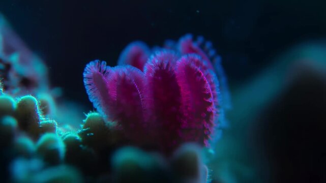 Bioluminescent coral polyp glowing with vibrant magenta and violet hues in underwater macro video footage
