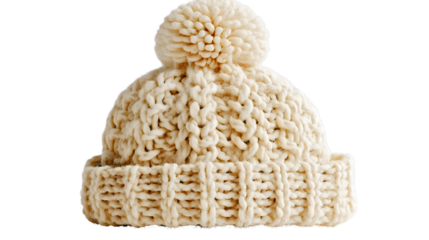 A white knitted winter hat with a pompom transparent, a warm wool beanie for cold weather, a handmade clothing accessory, a soft chunky headwear, a fashion object.
