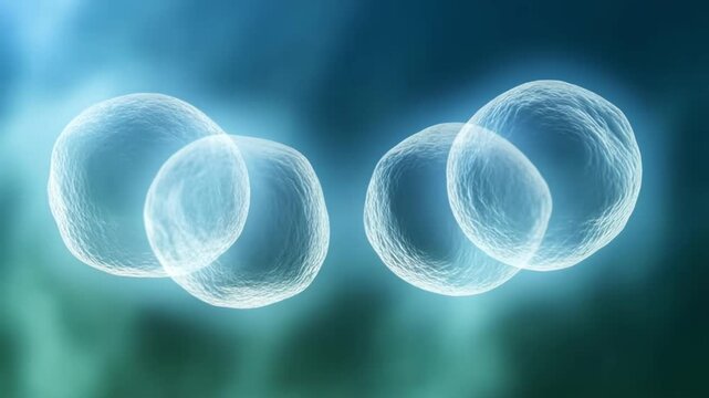 Embryonic cell mitosis and cleavage process, vibrantly pulsating daughter cells in scientific sterile environment, high-detail biological animation footage