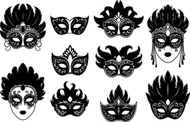 Collection of ten different black carnival masks with feathers and decorations isolated on, perfect for adding a touch of mystery and elegance to designs