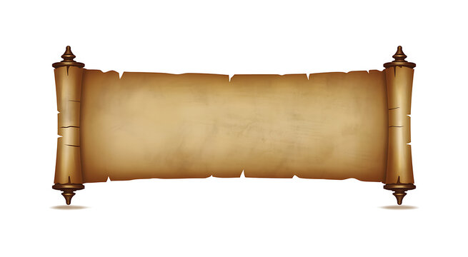 Ancient scroll parchment paper banner empty mockup with wooden handles on transparent background old papyrus message vintage blank template