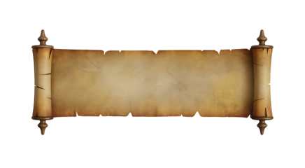 Blank ancient parchment scroll with rough edges, old paper manuscript with wooden handles, aged papyrus isolated on transparent background