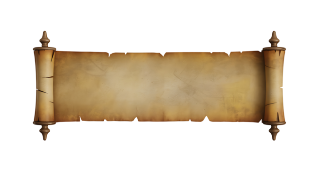 Blank ancient parchment scroll with rough edges, old paper manuscript with wooden handles, aged papyrus isolated on transparent background