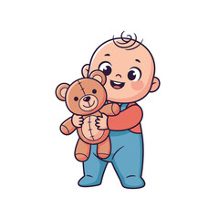 Cartoon baby holding a teddy bear, smiling with joy and happiness, wearing blue overalls and a red shirt.